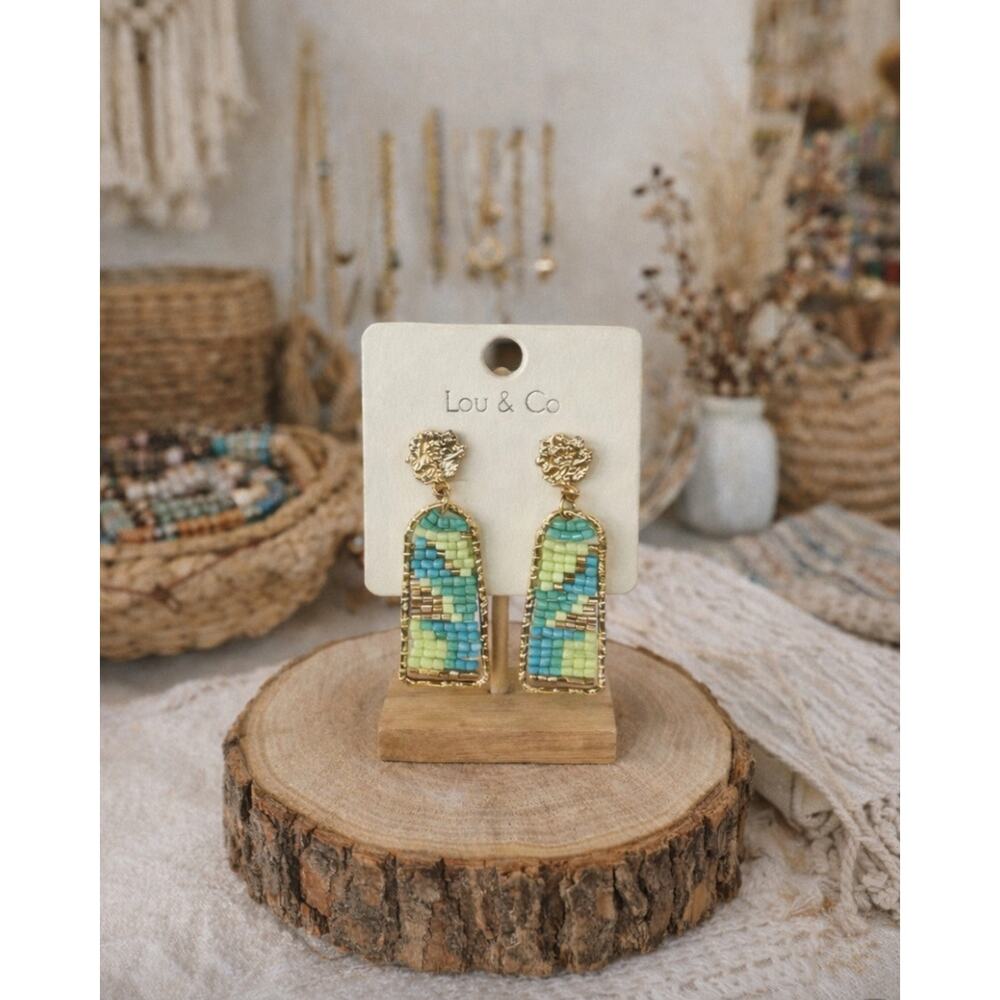 Lou & Co Gold Blue Green Beaded Boho Earrings New